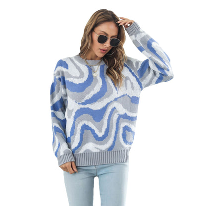 Women's Oversized Abstract Wave Crew Neck Sweater