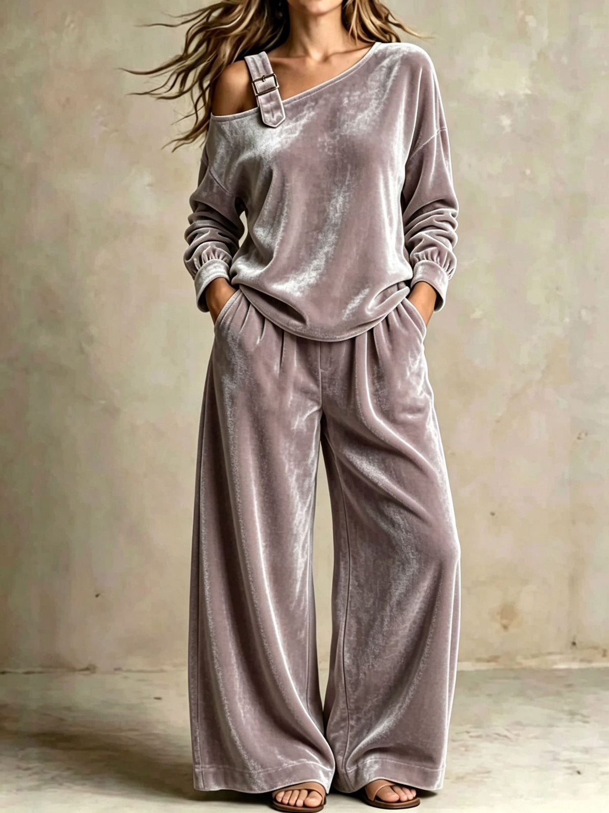 Women's Velvet Two Piece Set Wide Leg Pants Off Shoulder