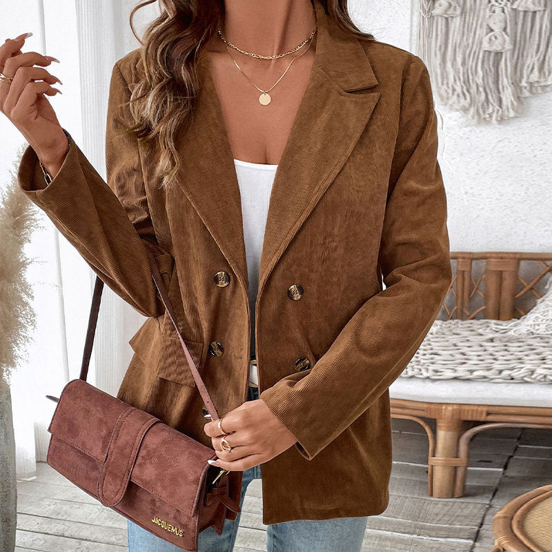Corduroy Double Breasted Blazer Jacket Casual Fall Coat