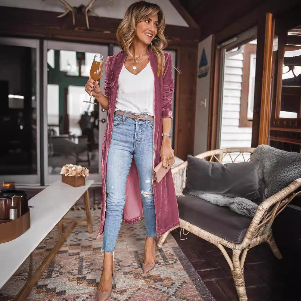 Womens Long Velvet Duster Open Front Cardigan