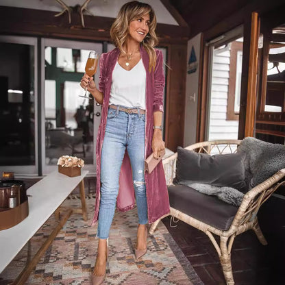 Womens Long Velvet Duster Open Front Cardigan