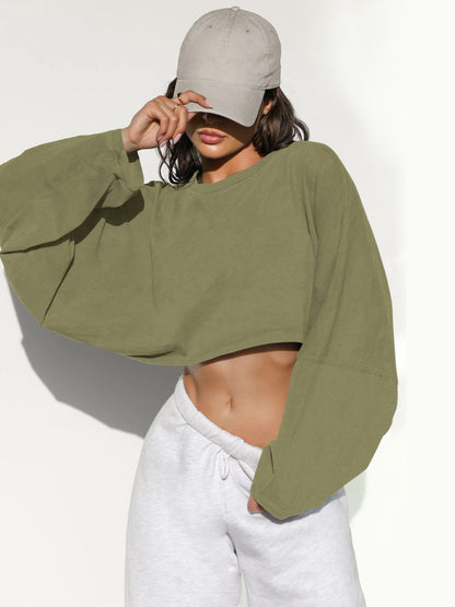 Women's Long Sleeve Oversized Cropped Crew Neck Sweatshirt
