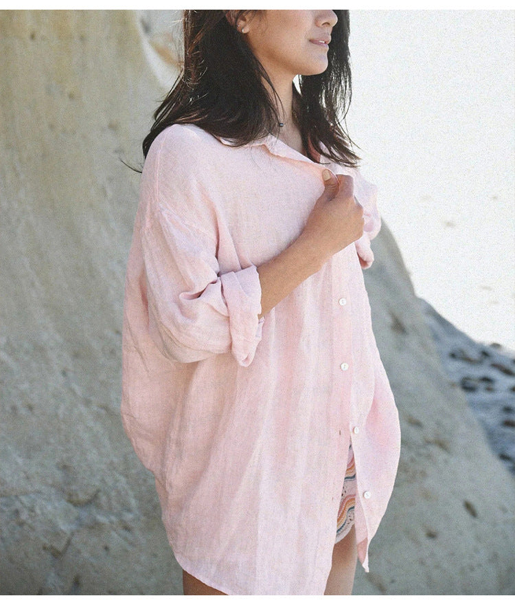 High-End Linen Shirt Women Spring Oversized Turn-Down Collar