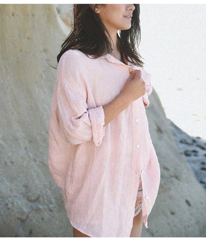 High-End Linen Shirt Women Spring Oversized Turn-Down Collar
