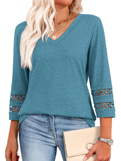 Women's V Neck 3/4 Sleeve Crochet Trim Loose Casual Blouse