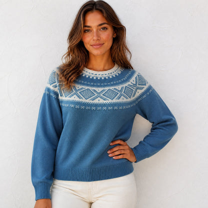 Womens Nordic Fair Isle Sweater Oversized Crewneck Blue