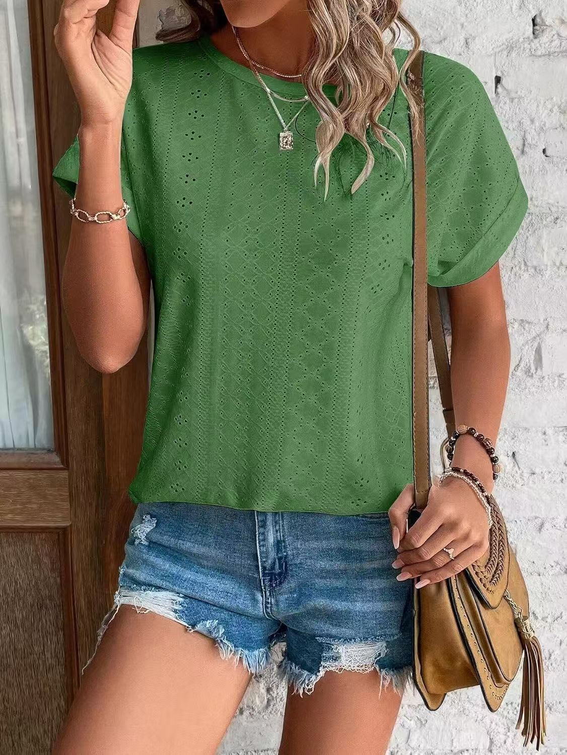 Solid Eyelet Short Sleeve Tee Loose Fit Casual Top