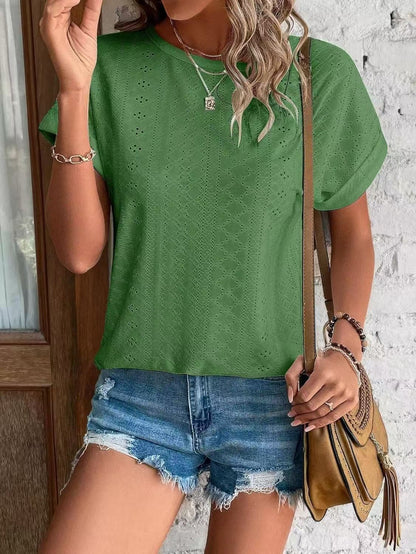 Solid Eyelet Short Sleeve Tee Loose Fit Casual Top