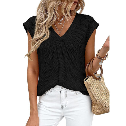 V Neck Knit Sweater Vest Sleeveless Loose Summer Top