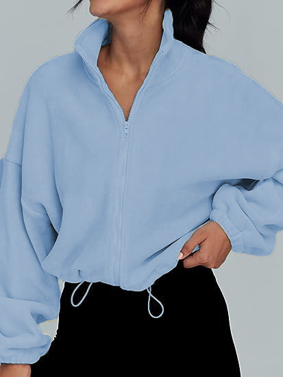 Womens Oversized Fleece Zip Up Jacket Stand Collar Cropped
