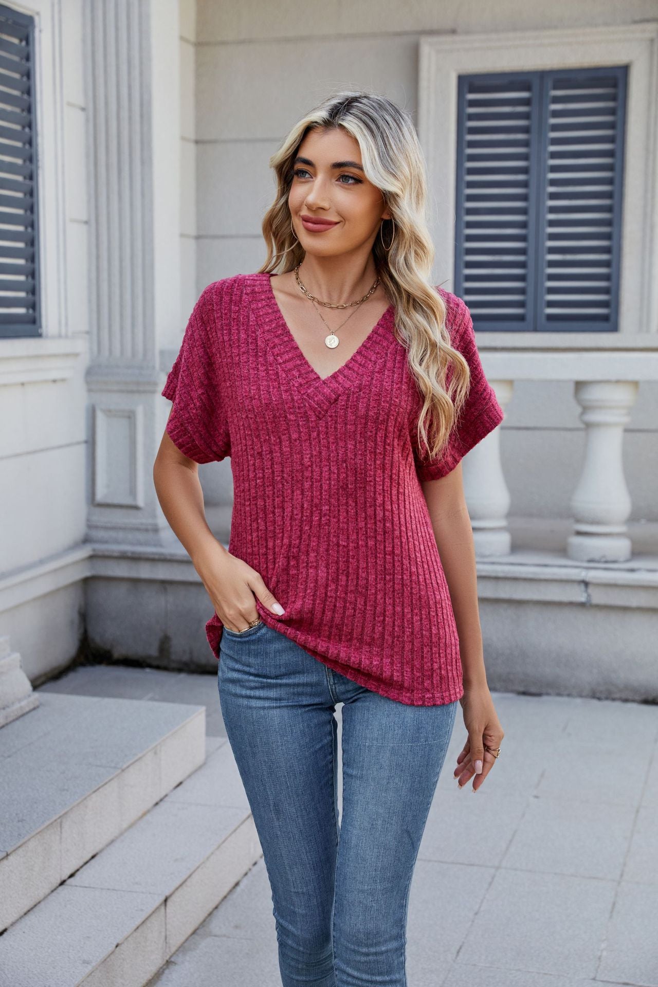 Solid Ribbed Knit Top V Neck Short Sleeve Casual Tee