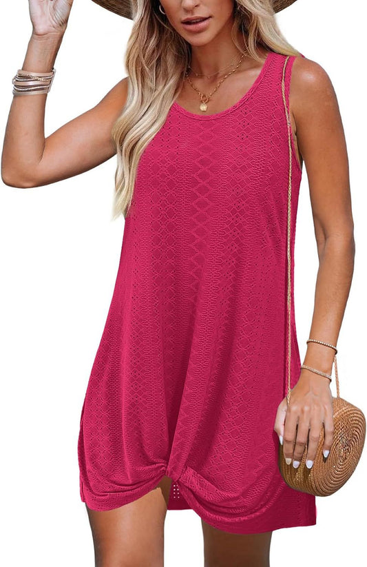 Summer Hollow Out Vacation Tank Dress with Knot Detail