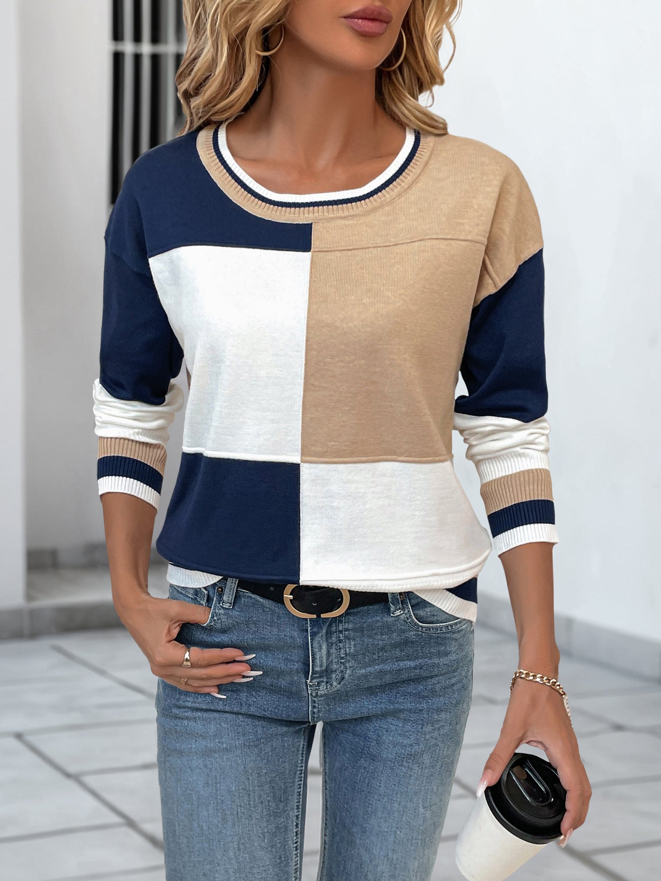 Color Block Patchwork Crew Neck Long Sleeve Knit Top