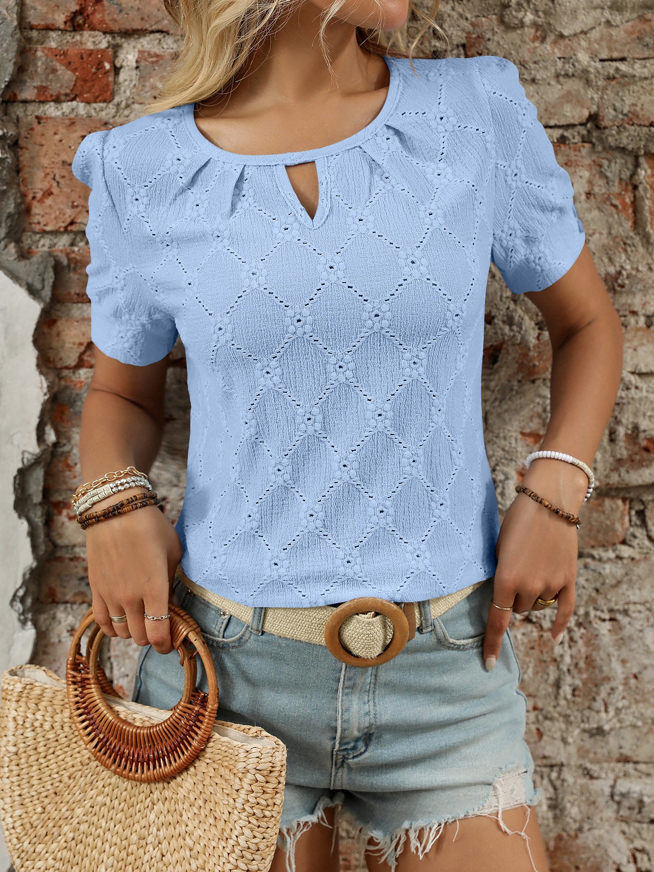 Light Blue Textured Knit Short Sleeve Button Neck Top