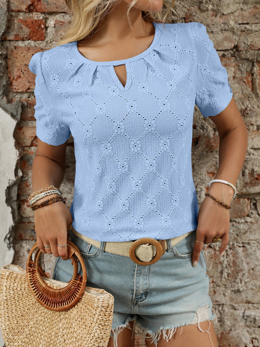 Light Blue Textured Knit Short Sleeve Button Neck Top