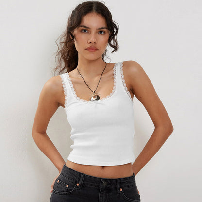 Ribbed Lace Trim Cami Top Slim Fit Cropped Tank