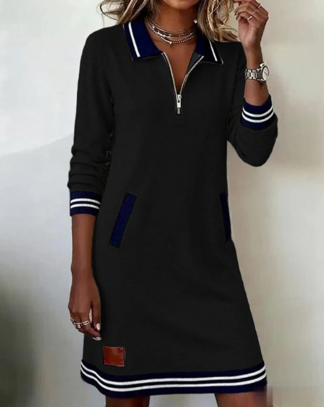 Color Block Quarter Zip Long Sleeve Sweatshirt Dress