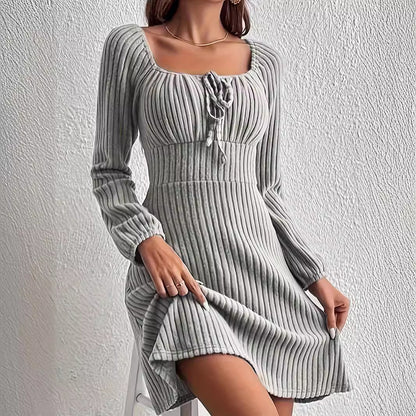 Square Neck Tie Front Long Sleeve Ribbed Midi Dress
