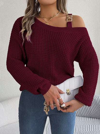 Women's Off Shoulder Buckle Balloon Sleeve Knit Sweater