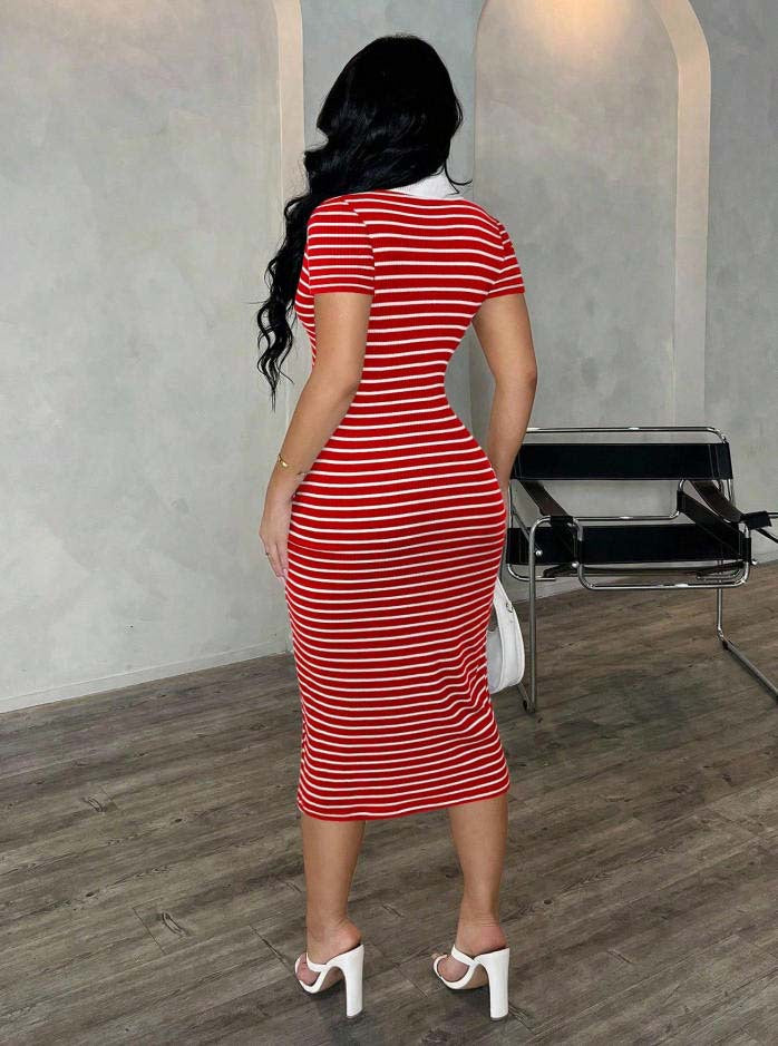Polo Collar Stripe Bodycon Midi Dress Short Sleeve Casual