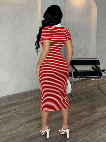 Polo Collar Stripe Bodycon Midi Dress Short Sleeve Casual