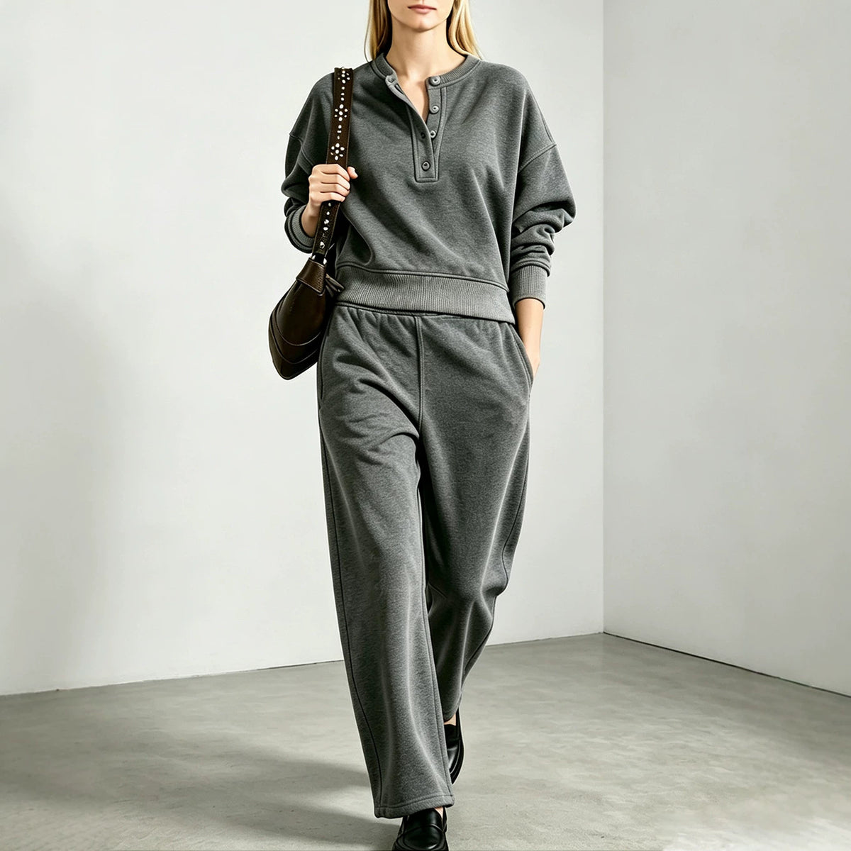 Women's Oversized Henley Sweatshirt Sweatpants Set