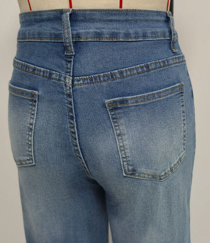 High Rise Cuffed Wide Leg Distressed Jeans