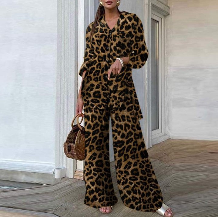 Women's Leopard Print Button Down Shirt Wide Leg Pants Set