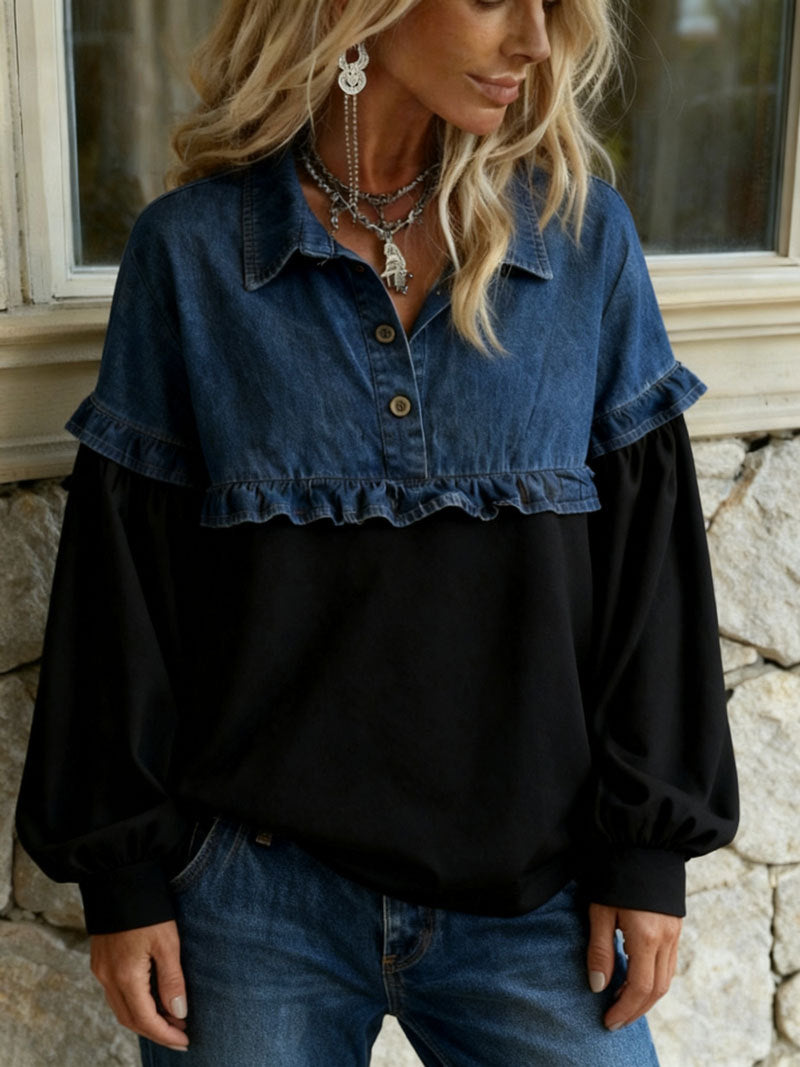 Oversized Patchwork Denim Sweatshirt Ruffle Collared Top