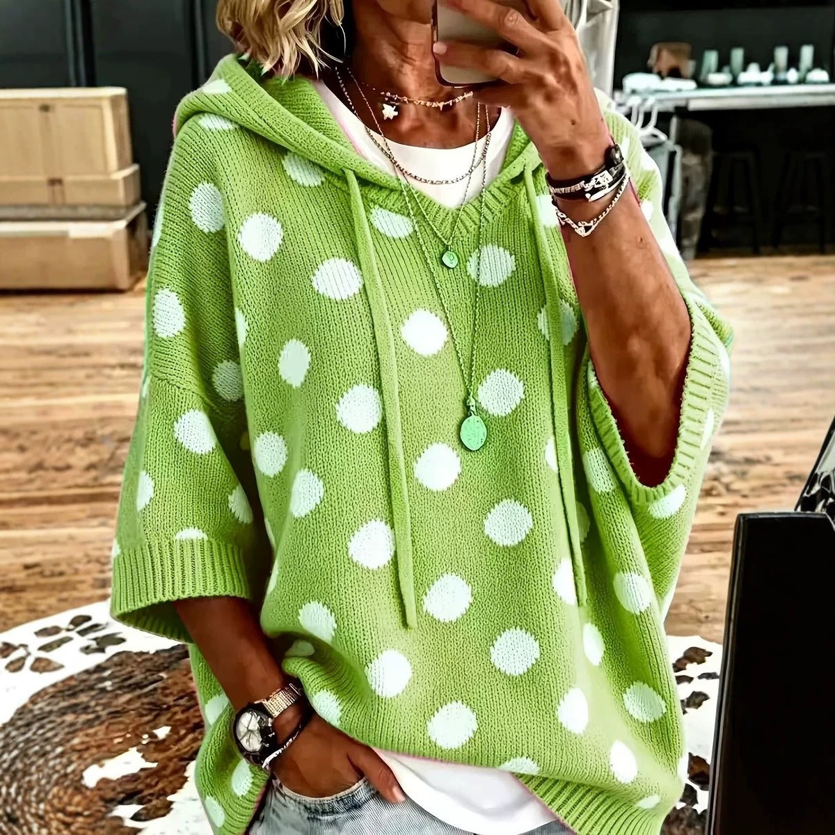 Women's Polka Dot Hooded Knit Sweater Oversized 3/4 Sleeve