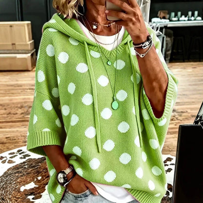 Women's Polka Dot Hooded Knit Sweater Oversized 3/4 Sleeve