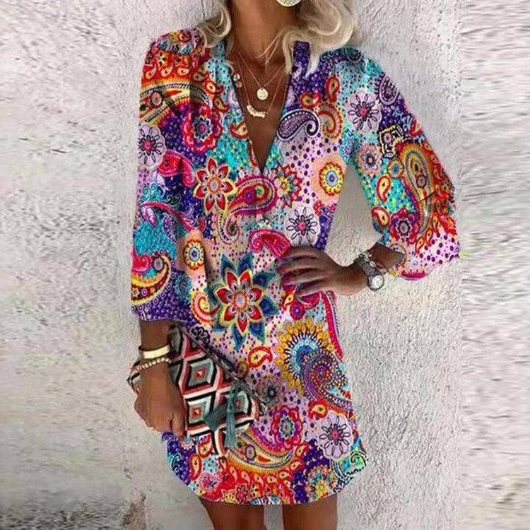 Women's Boho Floral V-Neck Button Front Mini Dress