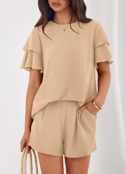 Solid Lounge Set Ruffle Sleeve Top Shorts 2 Piece Set