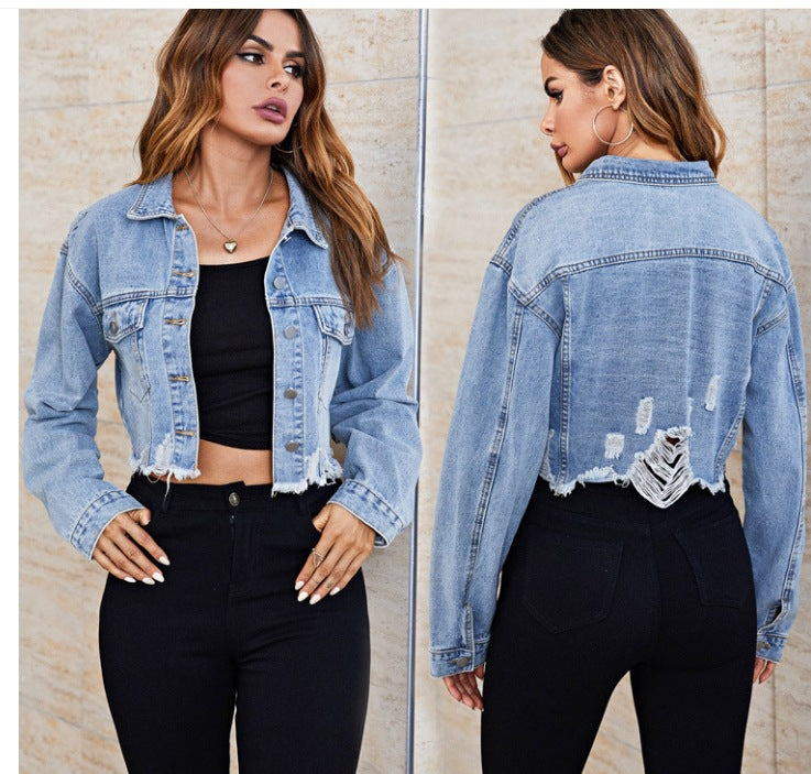 Women's Cropped Distressed Denim Jacket Frayed Hem