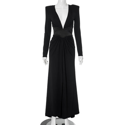 Black Sexy Deep V Long Sleeve High Slit Maxi Dress
