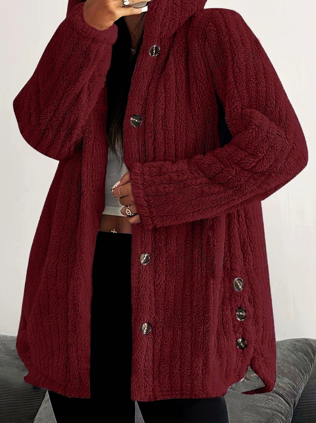 Women's Oversized Hooded Fleece Button Front Jacket
