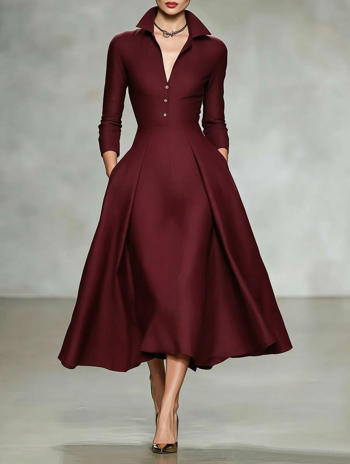 Women's Collared V Neck Long Sleeve Midi Shirt Dress