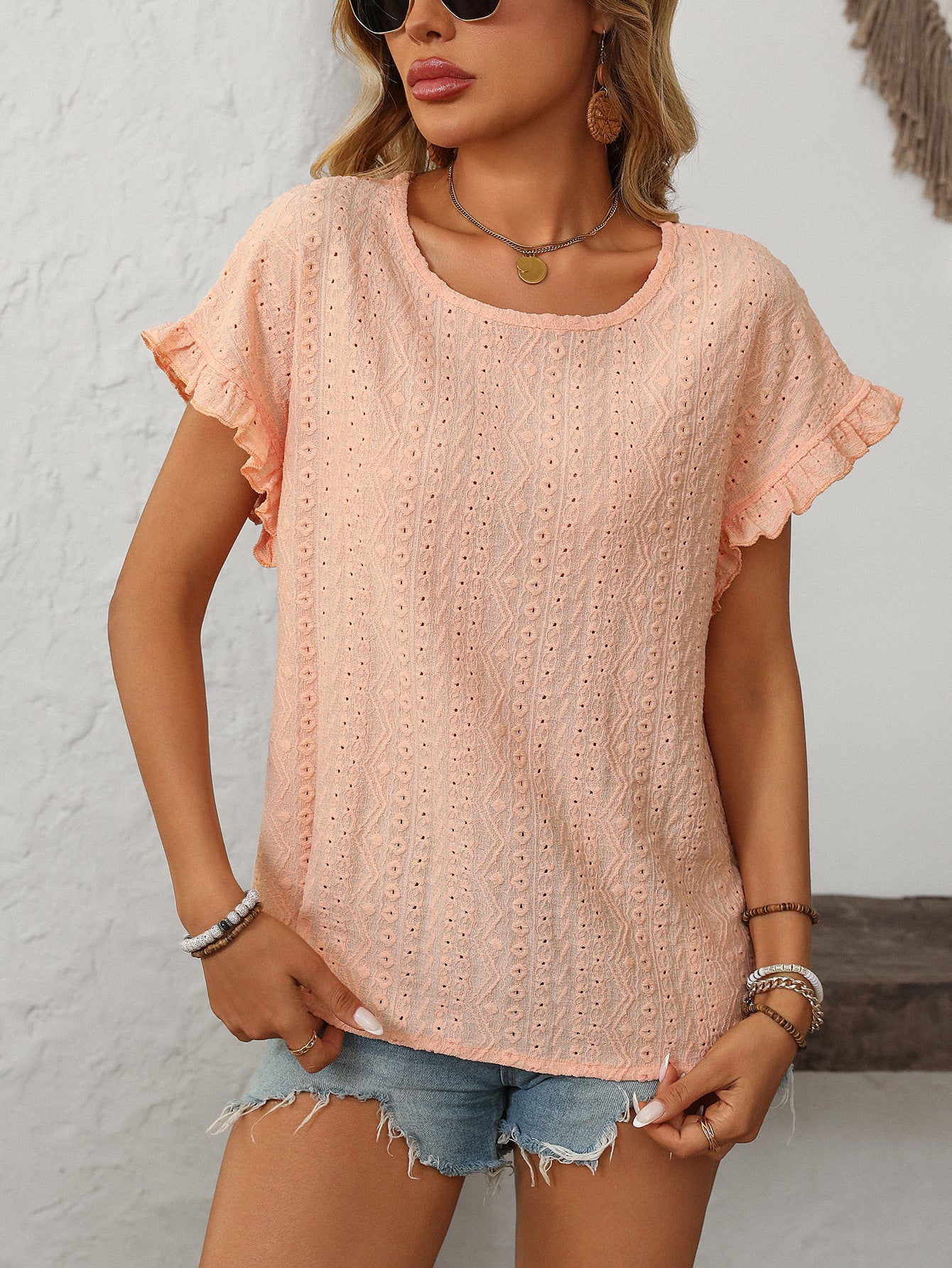 Women’s Eyelet Knit Crewneck Ruffle Sleeve Summer Top