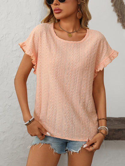 Women’s Eyelet Knit Crewneck Ruffle Sleeve Summer Top