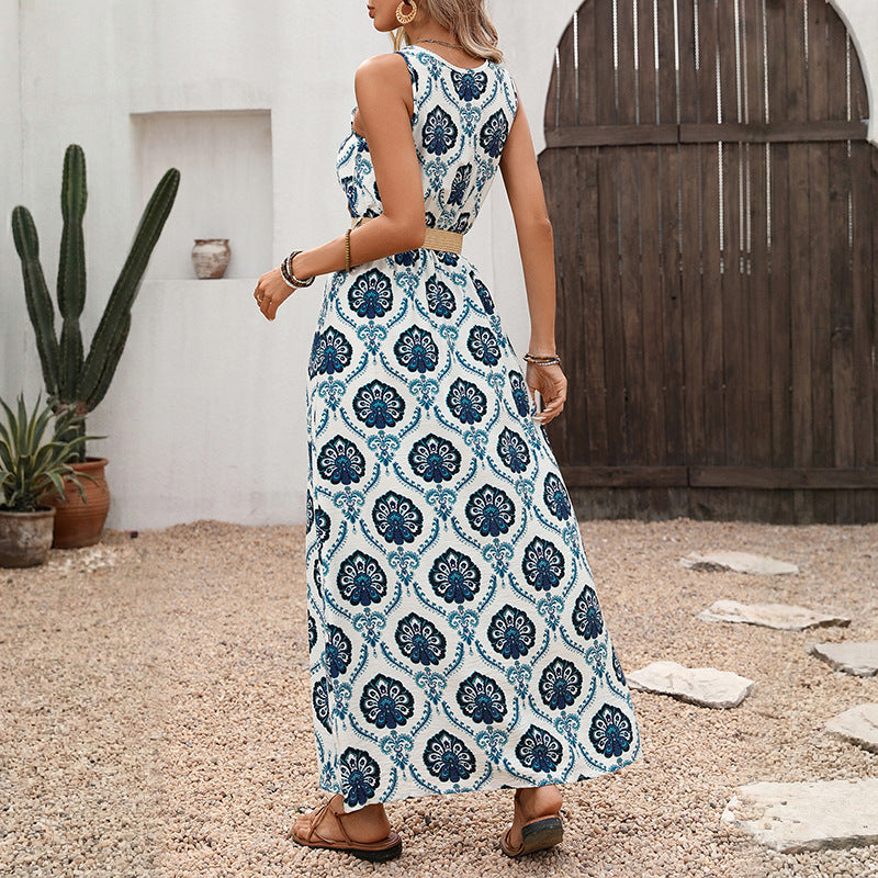 New Summer Women's Belted Waist V-Neck Sleeveless Slit Dress with Ethnic Print