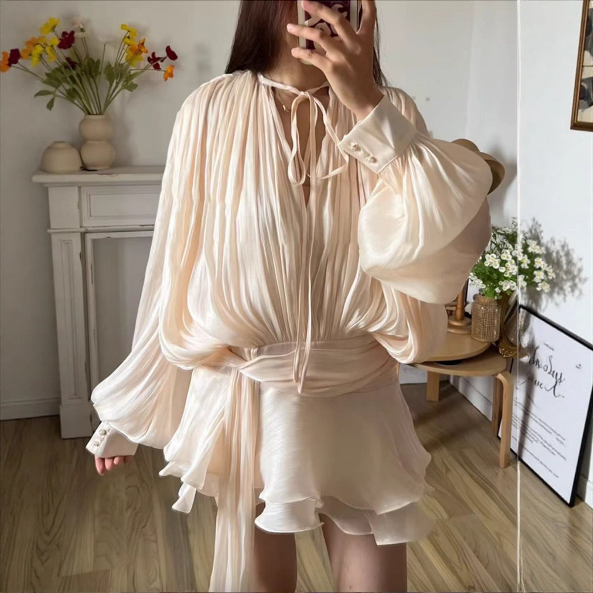 Women's Puff Sleeve Tie Neck Ruffle Mini Dress
