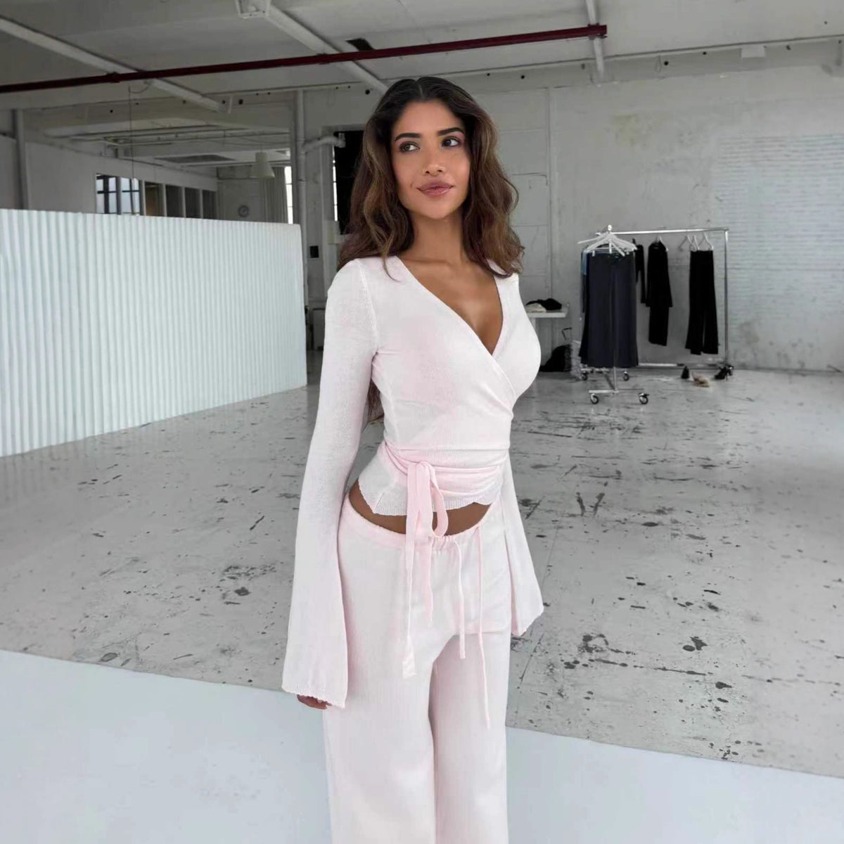 Women's Two Piece Bell Sleeve Wrap Top Wide Leg Pants Set