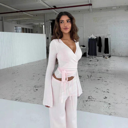 Women's Two Piece Bell Sleeve Wrap Top Wide Leg Pants Set