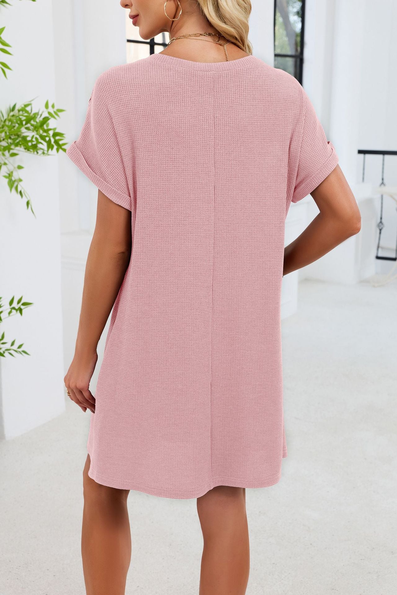 Blue Gray Yoke Loose T Shirt Dress Crew Neck