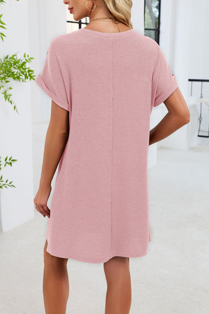 Blue Gray Yoke Loose T Shirt Dress Crew Neck