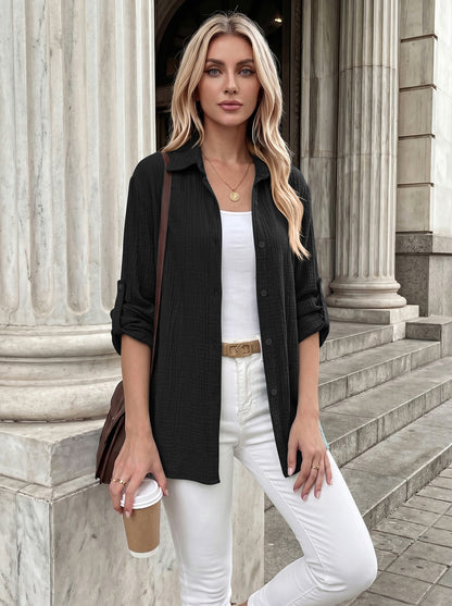 Textured Gauze Button Shirt Roll Tab Sleeve Top