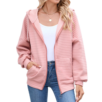 Quilted Zip Up Hooded Jacket Hoodie with Pockets