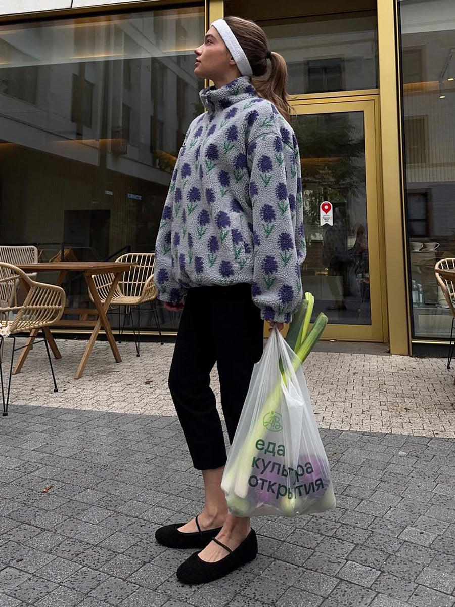 Floral Fleece Half Zip Pullover High Neck Oversized Sweatshirt