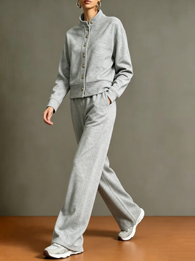 Women's Button Front Sweatshirt Wide Leg Pants Lounge Set
