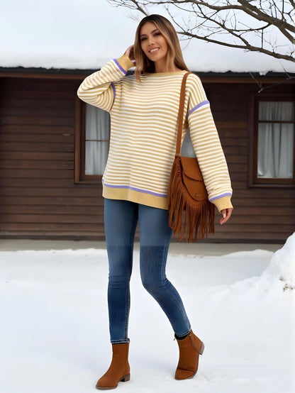 Stripe Knit Oversized Sweater Crew Neck Pullover Top